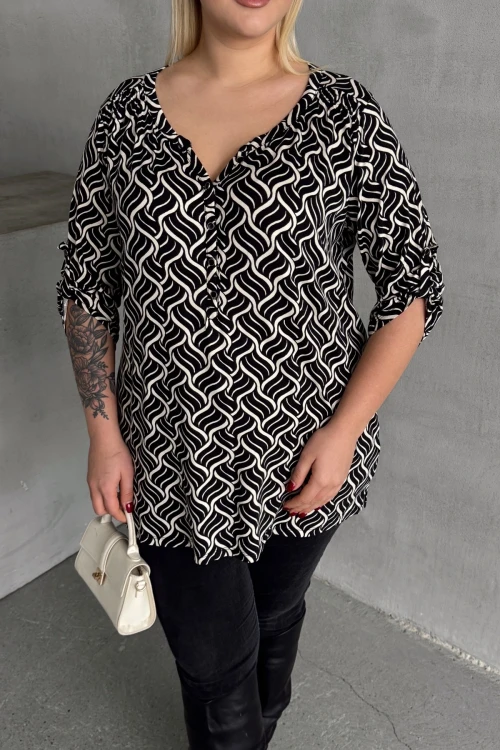 Büyük Beden V Yaka Önü Düğmeli Kolları Katlama Detaylı Likralı Bluz 1016