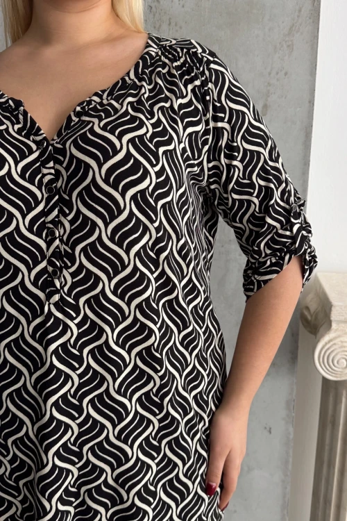 Büyük Beden V Yaka Önü Düğmeli Kolları Katlama Detaylı Likralı Bluz 1016