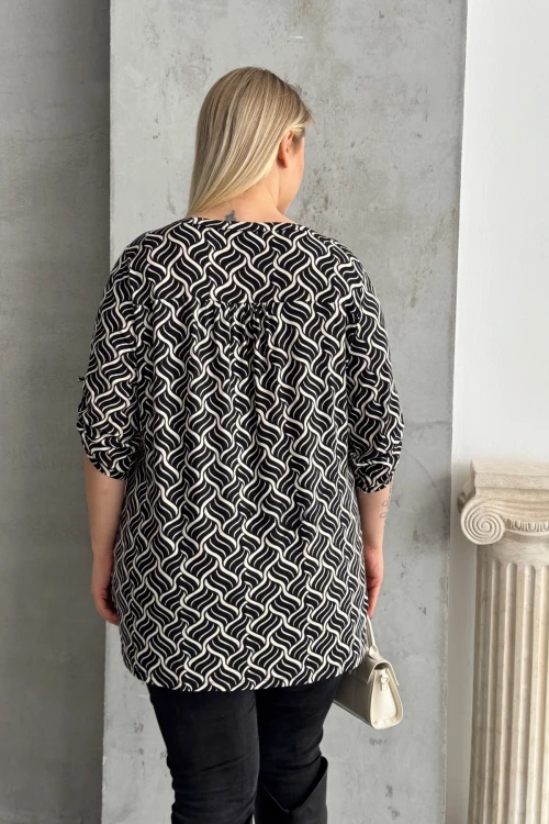 Büyük Beden V Yaka Önü Düğmeli Kolları Katlama Detaylı Likralı Bluz 1016