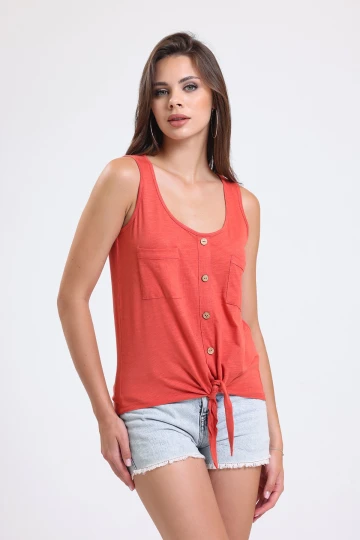 Önü Bağlamalı Cep ve Düğme Detaylı Kısa Kollu Bisiklet Yaka Bluz