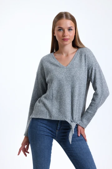 Yandan Bağlama Detaylı V Yaka Waffle Kumaş Uzun Kollu İnce Triko Bluz 12402748