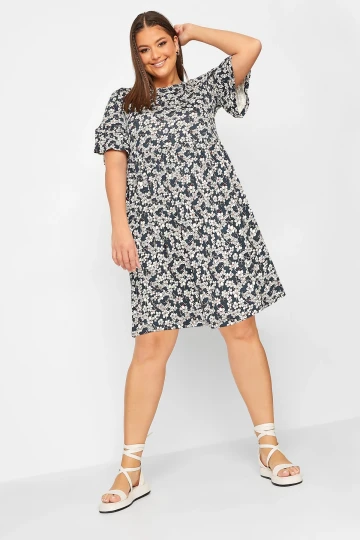 Büyük Beden Desenli Fırfırlı Yarım Kol Likralı Kısa Elbise 302358