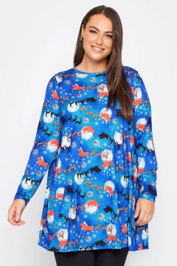 Büyük Beden Yılbaşı Temalı Bisiklet Yaka Uzun Kollu Uzun Kesim Bluz  321244