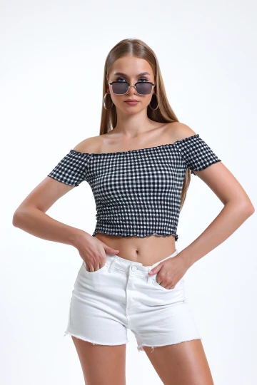 Carmen Yaka Pötikare Desenli Yarım Kollu Esnek Kumaş Crop Bluz IHR-23Y-IZ9U