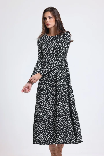 Çiçek Desenli Uzun Kollu Bisiklet Yaka Midi Boy Elbise