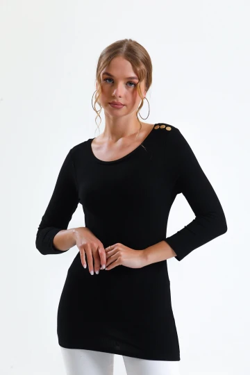 Tek Omzu Pul Düğme Detaylı Uzun Kollu İnce Bluz İZ02300