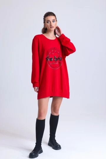 Bisiklet Yaka Önü Yazı Baskılı Uzun Kollu Mini Boy Sweat Elbise IZ12BIG