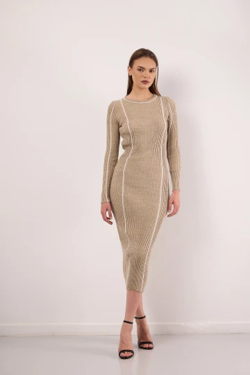 Bisiklet Yaka Uzun Kollu Şerit Detaylı Midi Boy Triko Elbise