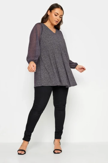 Büyük Beden Uzun Kolları Tül Detaylı Pileli V Yaka Bluz 302828