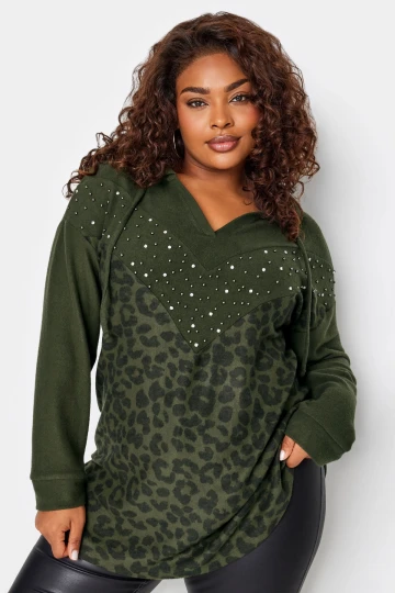 Büyük Beden V Yaka Kapüşonlu Taş Detaylı Leopar Desenli Sweatshirt 285009