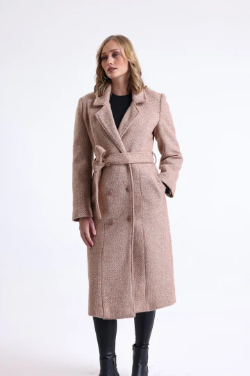 Midi Kesim Düğme Kapamalı Cepli Kuşaklı İçi Astarlı Kruvaze Kaban SU-38