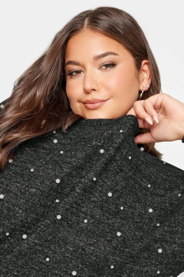 Büyük Beden Bisiklet Yaka Uzun Kollu İnci İşlemeli Bluz 302623