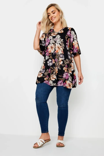 Büyük Beden V Yaka Desenli Asimetrik Kesim Likralı Bluz 303373