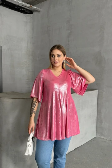 Büyük Beden V Yaka Kısa Kollu Parlak Görünümlü Bluz 303380