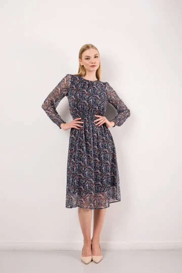 Kolları Tül Detaylı Beli Lastikli İçi Astarlı Çiçek Desenli Midi Boy Elbise