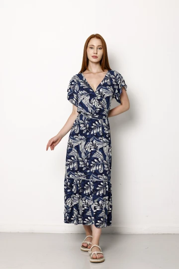 Kruvaze Yaka Kolları Fırfırlı Çiçek Desenli Kuşaklı Midi Boy Elbise