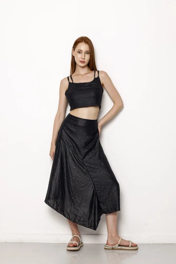 Sırtı Çapraz Ayarlanabilir Askılı Midi Boy Etek Crop Takım