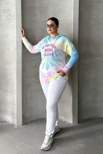 Büyük Beden Batik Desenli Kapüşonlu Baskılı İnce Sweatshirt 303144