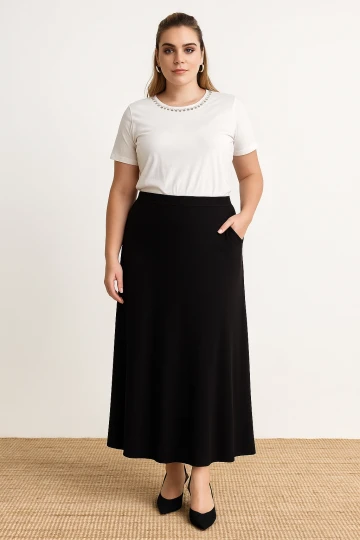 Büyük Beden Beli Lastikli Cep Detaylı Uzun Kesim Etek 160051