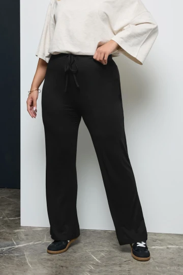 Büyük Beden Beli Lastikli ve Bağcıklı Cepsiz Paçası Geniş Pantolon 037392