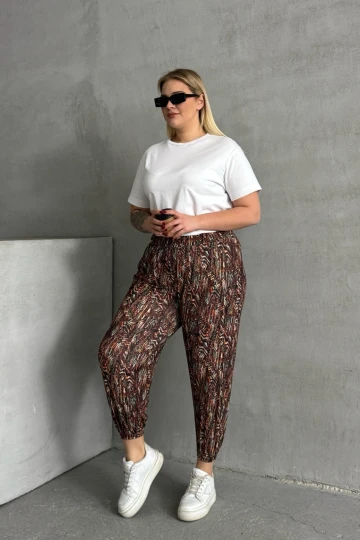 Büyük Beden Beli ve Paçası Lastikli Desenli Cepli Pantolon 74-77