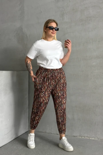 Büyük Beden Beli ve Paçası Lastikli Desenli Cepli Pantolon 74-77