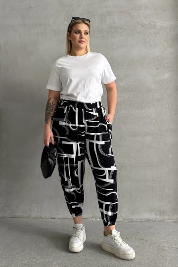 Büyük Beden Beli ve Paçası Lastikli Desenli Cepli Pantolon 98-4