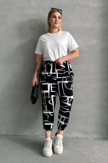 Büyük Beden Beli ve Paçası Lastikli Desenli Cepli Pantolon 98-4