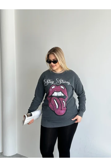 Büyük Beden Bisiklet Yaka Baskılı Pul Detaylı Yıkamalı Sweatshirt 301252