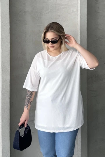 Büyük Beden Bisiklet Yaka Kısa Kollu Yanları Yırtmaçlı Astarlı Bluz 303434