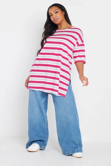 Büyük Beden Bisiklet Yaka Kısa Kollu Yanları Yırtmaçlı Çizgili T-shirt 303945