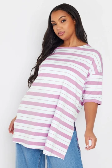 Büyük Beden Bisiklet Yaka Kısa Kollu Yanları Yırtmaçlı Çizgili T-shirt 303944