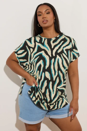 Büyük Beden Bisiklet Yaka Kısa Kollu Zebra Desenli Bluz 303918