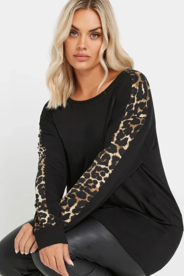 Büyük Beden Bisiklet Yaka Uzun Kolları Leopar Desenli Bluz 303723