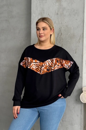 Büyük Beden Bisiklet Yaka Uzun Kollu Leopar Desenli Sweatshirt 300281