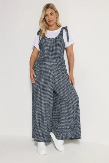 Büyük Beden Bol Paça Askıları Bağlamalı Kare Desenli Maxi Tulum 160362