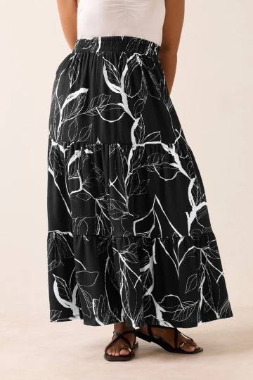 Büyük Beden Bürümcük Kumaş Çiçek Desenli Beli Lastikli Etek 304235