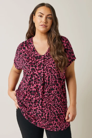 Büyük Beden Çentik Yaka Kısa Kollu Leopar Desenli Bluz 615606