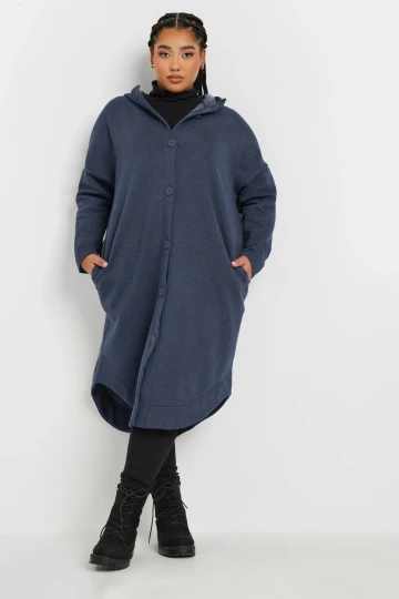 Büyük Beden Kapüşonlu Cepli Önü Düğme Kapamalı Uzun Ceket 303763