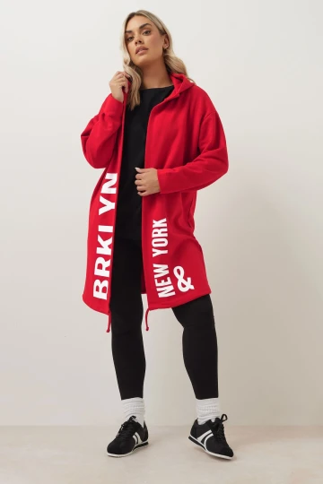 Büyük Beden Kapüşonlu Uzun Kollu Yazı Baskılı Cepsiz Hırka 303982