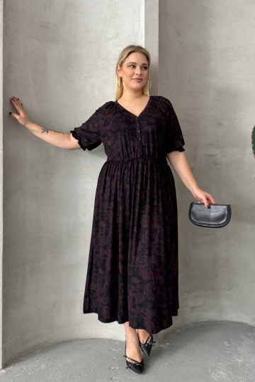 Büyük Beden Kısa Kollu V Yaka Önü Düğmeli Beli Lastikli Elbise 303699