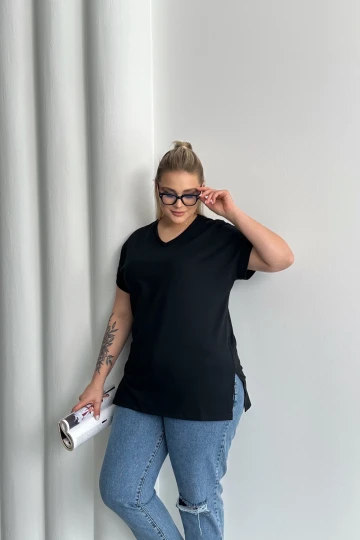 Büyük Beden Kısa Kollu V Yaka Yanları Yırtmaçlı Basic T-shirt RFT-02