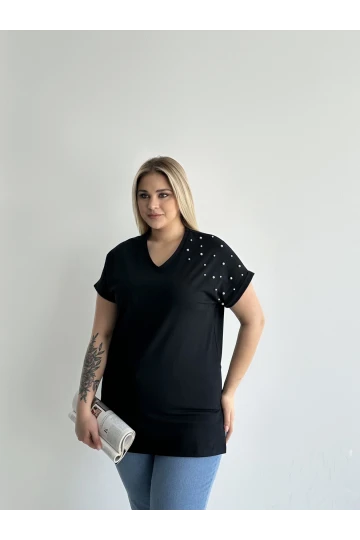 Büyük Beden Kısa Kollu V Yaka Yanları Yırtmaçlı Boncuklu Basic T-shirt RFT-04