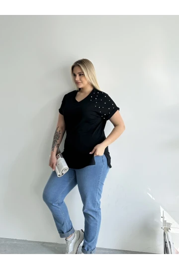 Büyük Beden Kısa Kollu V Yaka Yanları Yırtmaçlı Boncuklu Basic T-shirt RFT-04