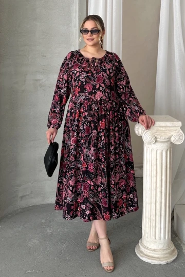 Büyük Beden Önü Bağlamalı Desenli Uzun Kollu Midi Elbise 615699