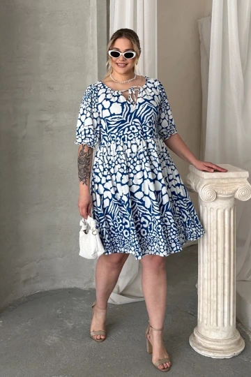 Büyük Beden Önü Bağlamalı Yarım Kollu Desenli Mini Elbise 101-9