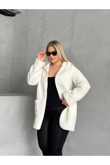 Büyük Beden Önü Kapamasız Cepli Kapüşonlu İnce Peluş Ceket 301256