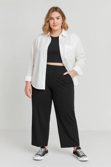 Büyük Beden Pile Detaylı Beli Lastikli Cepli Geniş Paça Pantolon 213839