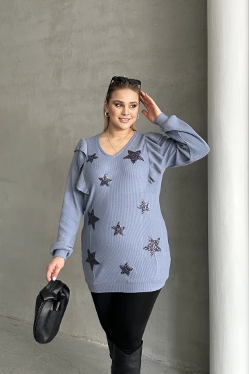 Büyük Beden Uzun Kolları Fırfırlı Yıldız Desen İşlemeli Bluz 301234