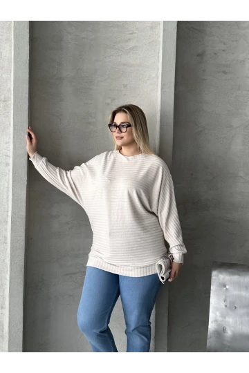 Büyük Beden Uzun Kollu Beli Lastikli Bisiklet Yaka Fitilli Kazak 615140